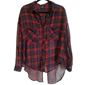 Windsor Sheer plaid Button down Open back Top hi low blouse size Medium